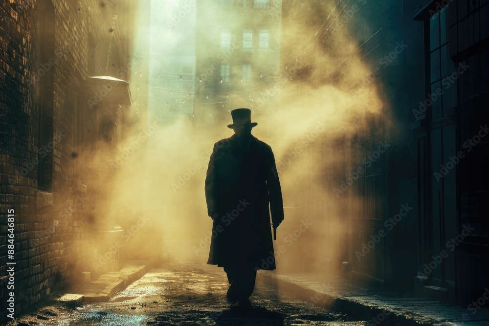 A person in a black coat and hat walking down a city street, suitable for use in scenes about everyday life or urban settings A person in a black coat and hat walking down a city street, suitable for use in scenes about everyday life or urban settings