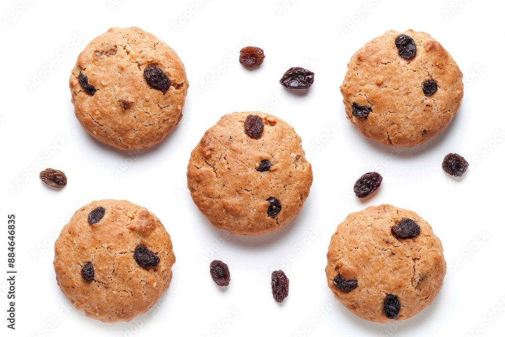 Freshly baked raisin cookies arranged on a clean white surface Freshly baked raisin cookies arranged on a clean white surface