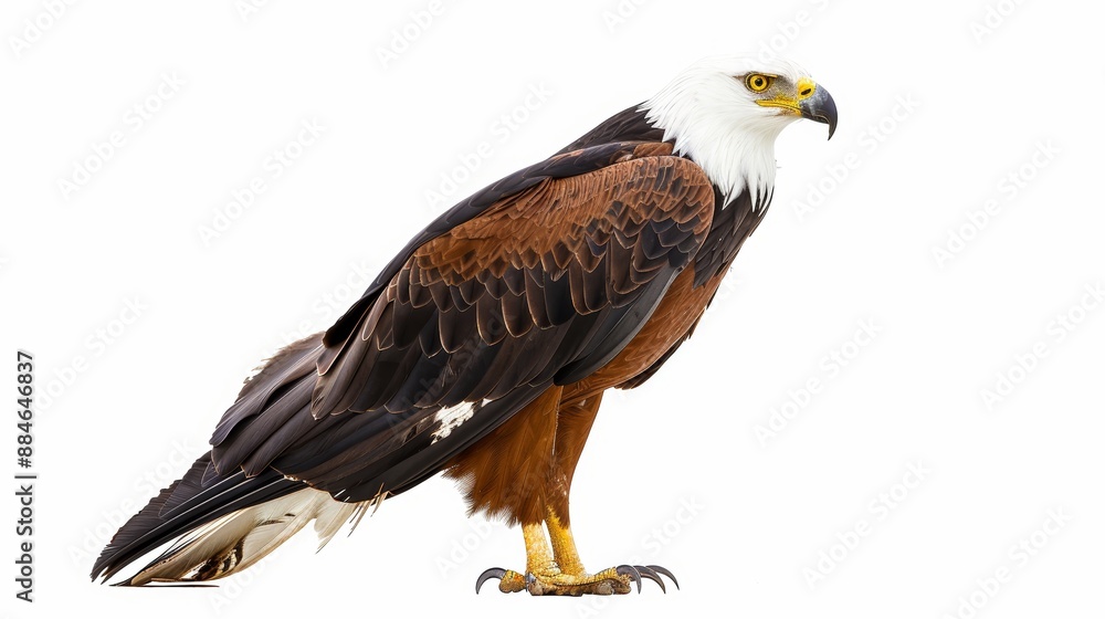 Fototapeta premium African fish eagle exuding wild freedom with sharp beak and impressive talons, standing proudly and gazing right against isolated white background
