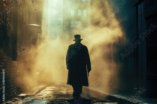 A person in a black coat and hat walking down a city street, suitable for use in scenes about everyday life or urban settings