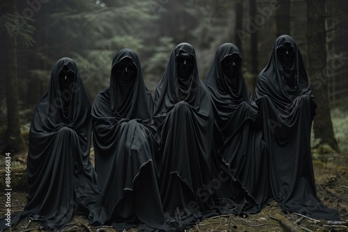 Dark cloaked figures in a haunting forest ambiance, evoking mystery and secrecy photo