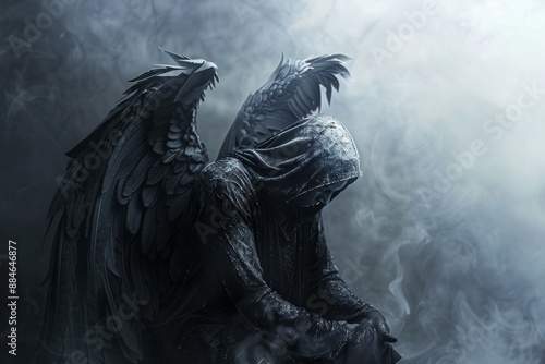 Mysterious cloaked person with dark angel wings sits shrouded in fog