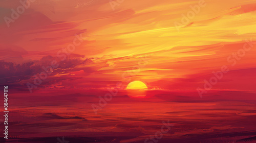 A digital artwork of a sunset over a desert landscape, warm golden light, casting long shadows, sky in deep shades of red and orange, dramatic and vast scenery