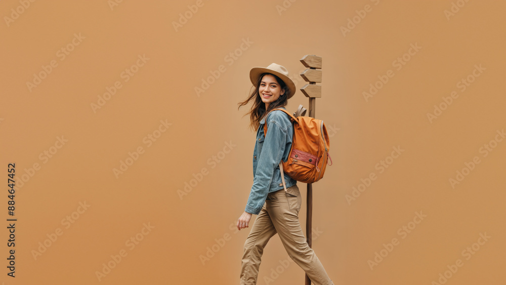 a young traveling woman in front of a signpost, isolated, travel concept a young traveling woman in front of a signpost, isolated, travel concept