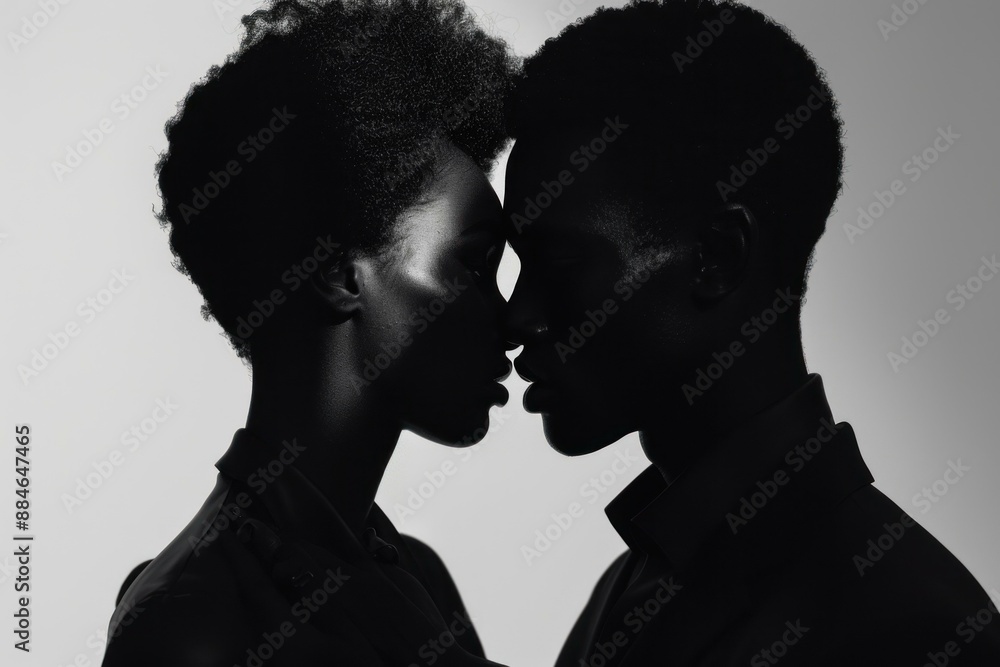 Tender silhouette of a man and woman about to kiss, depicted in a black and white image Tender silhouette of a man and woman about to kiss, depicted in a black and white image