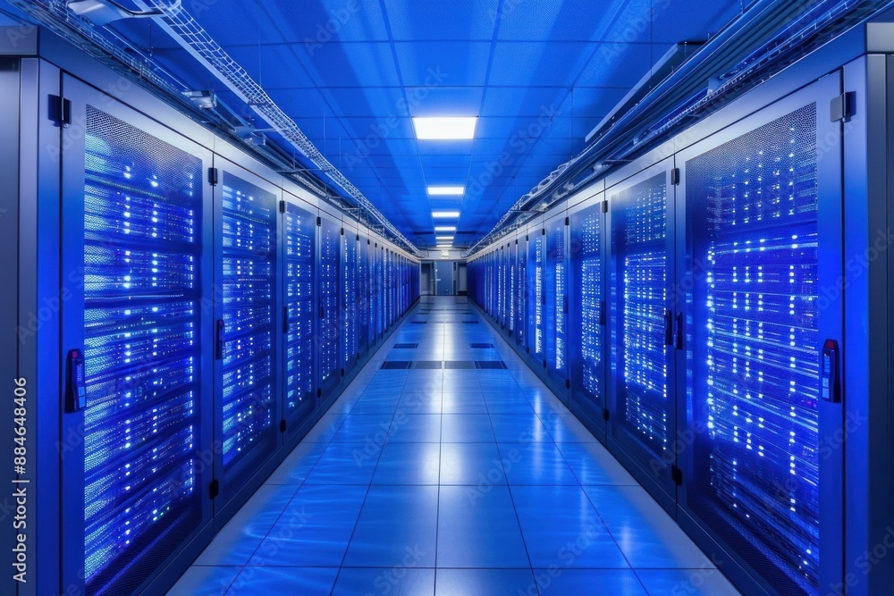 Symmetrical view of a data center corridor with illuminated server racks Symmetrical view of a data center corridor with illuminated server racks
