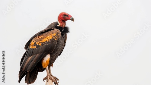 Stunning red-headed vulture sits on a wooden post, its vibrant hues and commanding presence captivating the onlooker