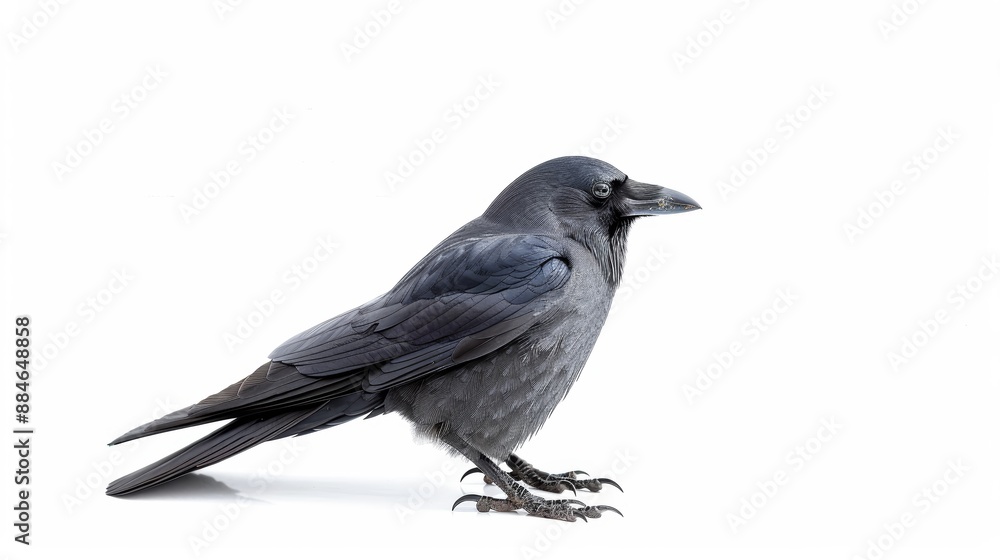 Vigilant black crow stands on a clean white surface, its dark plumage creating a striking contrast Vigilant black crow stands on a clean white surface, its dark plumage creating a striking contrast