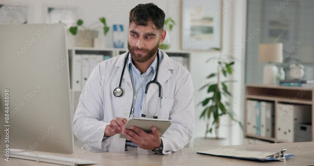 Tablet, doctor and man in office, healthcare and wellness with research for cure, online reading and digital app for schedule, calendar and internet. Professional, medical and gp with tech or results Tablet, doctor and man in office, healthcare and wellness with research for cure, online reading and digital app for schedule, calendar and internet. Professional, medical and gp with tech or results