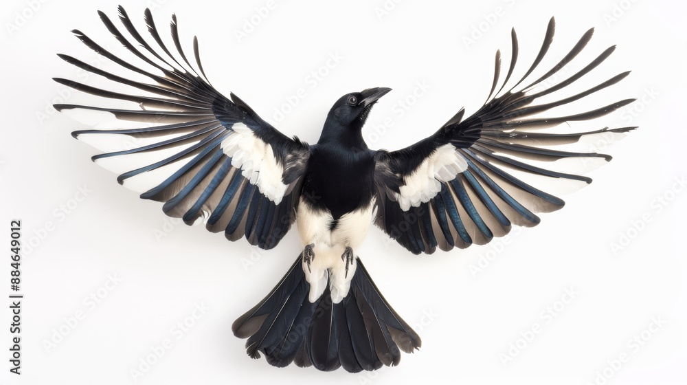 Obraz premium Eurasian magpie in flight: stunning black and white feathers against a white background