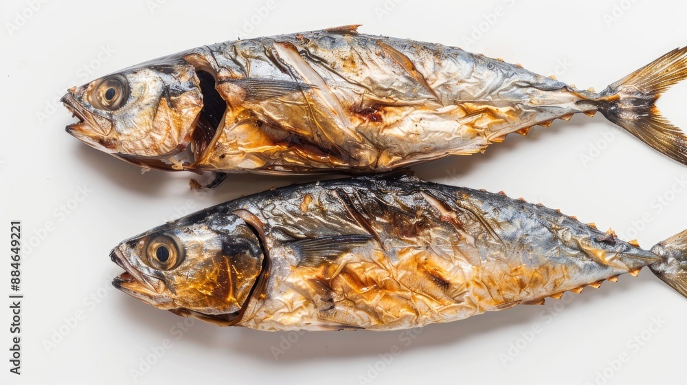 Fried mackerel against a white backdrop Fried mackerel against a white backdrop