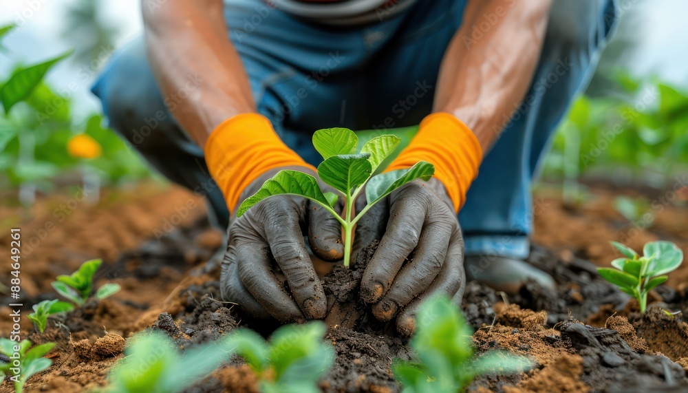 Fototapeta premium A Skilled Gardener Carefully Tending to a Vibrant Flower Bed, Cultivating a Lush Garden with Expertise and Passion, A Close-Up View of Dedicated Hands Nurturing Growth and Beauty