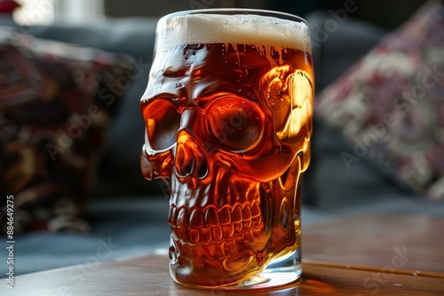 Creative skullshaped beer glass full of amber ale, presented on a wooden table photo