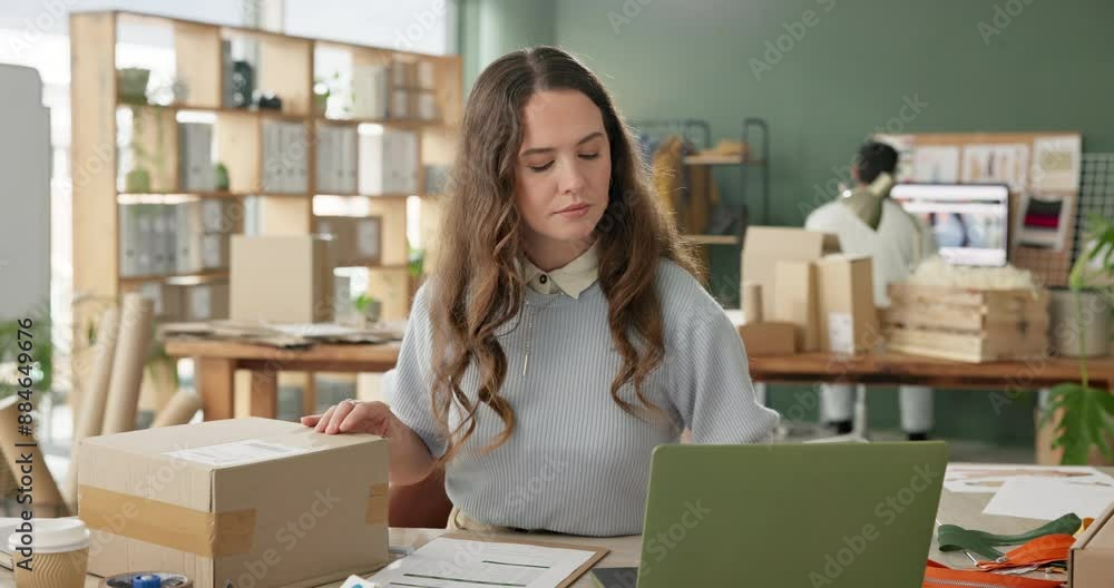 Box, delivery and laptop with woman in office for distribution, logistics or supply chain. Computer, ecommerce and package for order with employee in workplace for commercial export or import Box, delivery and laptop with woman in office for distribution, logistics or supply chain. Computer, ecommerce and package for order with employee in workplace for commercial export or import