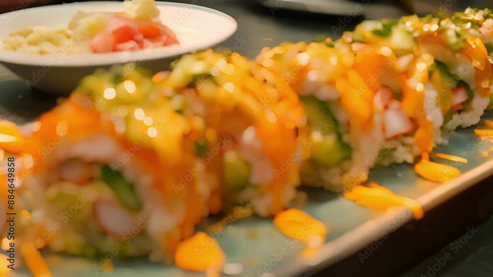 Handrolled sushi filled with colorful veggies like cucumber avocado and carrot and drizzled with a y mayo sauce. Handrolled sushi filled with colorful veggies like cucumber avocado and carrot and drizzled with a y mayo sauce.