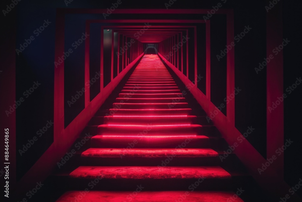 A set of stairs illuminated by red lights in a dimly lit room A set of stairs illuminated by red lights in a dimly lit room
