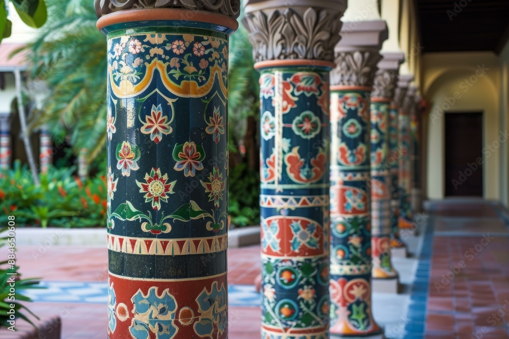 Colorful ceramic pillars with intricate designs, showcased in an openair architectural setting Colorful ceramic pillars with intricate designs, showcased in an openair architectural setting