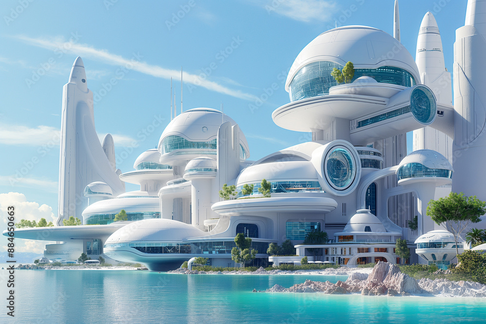 Concept art of a futuristic city with white building, organic shapes theme, cityscape in the style, unique, modern, natural design. Concept art of a futuristic city with white building, organic shapes theme, cityscape in the style, unique, modern, natural design.