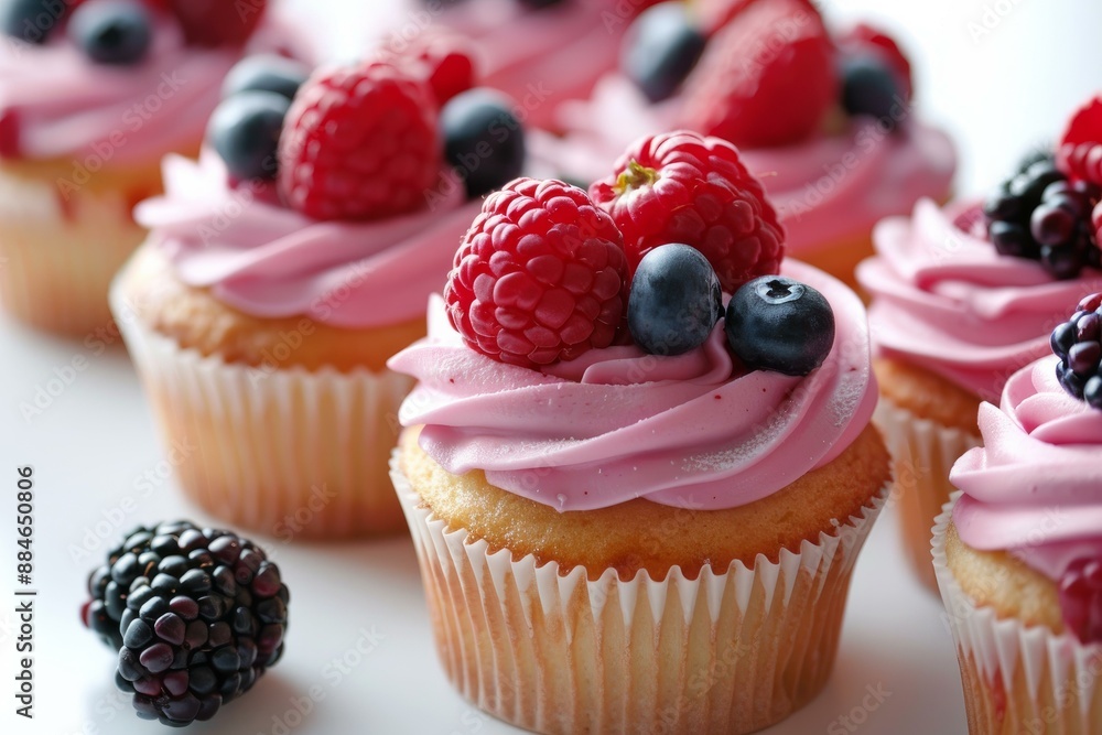 Closeup of cupcakes with pink cream and fresh berries on top Closeup of cupcakes with pink cream and fresh berries on top