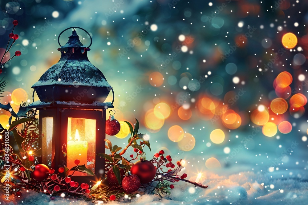 Christmas lantern on snow with decorations at night. Christmas lantern on snow with decorations at night.