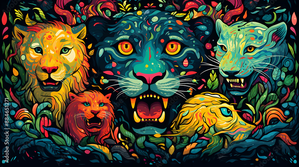 Wild Animal Illustration of Lion, Panther, and Leopard Wild Animal Illustration of Lion, Panther, and Leopard