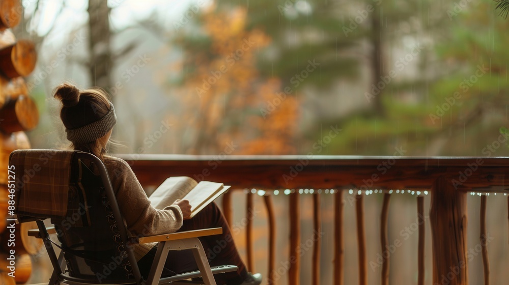 A female sitting in chair reading a book at vacation house with scenic view A female sitting in chair reading a book at vacation house with scenic view
