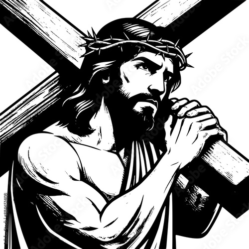Jesus carrying a cross, black and white vector illustration