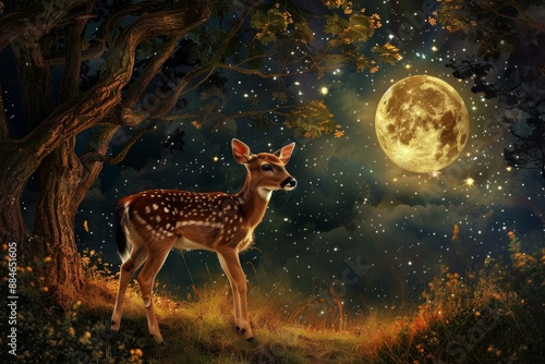 Magical scene with a young fawn under a glowing full moon in a mystical forest at night