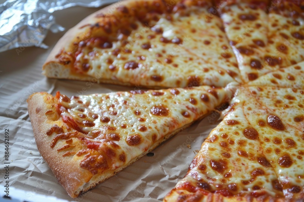 Closeup shot of a cheesy pizza slice with goldenbrown crust, ready to be enjoyed Closeup shot of a cheesy pizza slice with goldenbrown crust, ready to be enjoyed