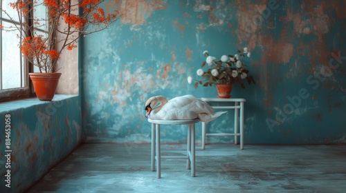 Fototapeta Naklejka Na Ścianę i Meble -  A swan sleeping on a stool in a room with blue walls and flowers