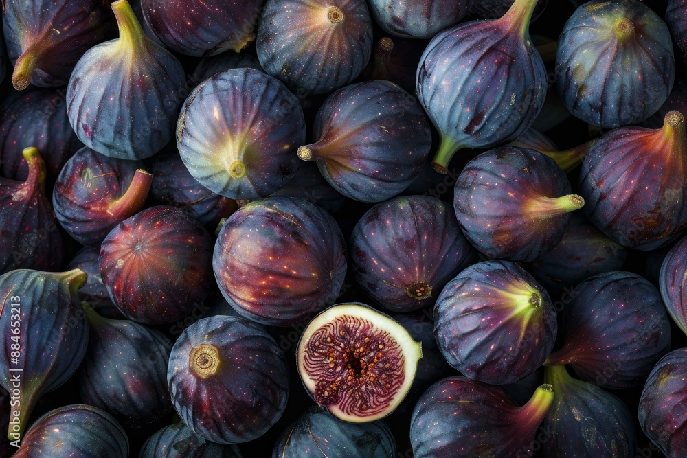 Top view of ripe purple figs grouped tightly, with one fig cut in half revealing its seeds Top view of ripe purple figs grouped tightly, with one fig cut in half revealing its seeds