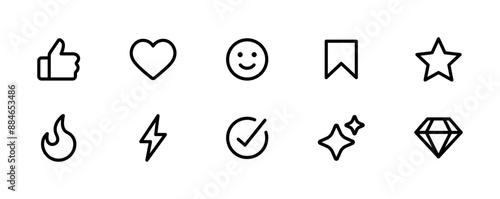 Add to favorite icons set. Like and love icon. Thumbs up and heart flat icon. Check mark box icon. Rating star icon. Flash lightning bolt icon. Bookmark save icon. Vector elements. Editable stroke