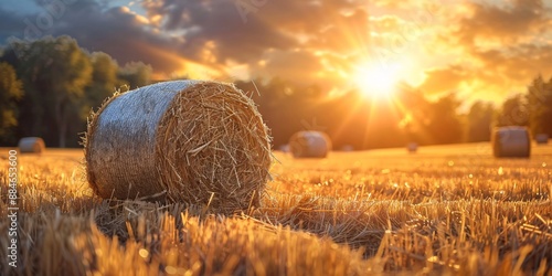 Golden sunset over bales of hay in open field.