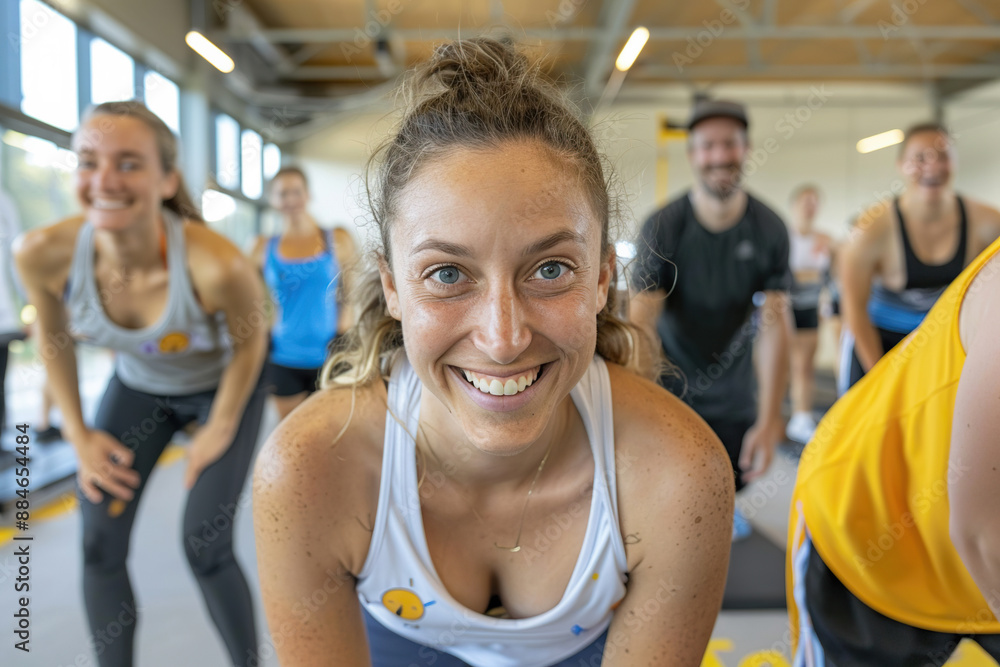 A group of people are exercising together in a bright gym. One woman is smiling directly at the camera while others are out of focus in the background. A group of people are exercising together in a bright gym. One woman is smiling directly at the camera while others are out of focus in the background.
