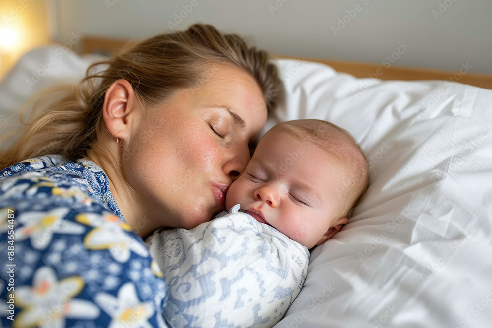 A woman with blonde hair kisses a sleeping baby who is wrapped in a white and gray blanket. A woman with blonde hair kisses a sleeping baby who is wrapped in a white and gray blanket.