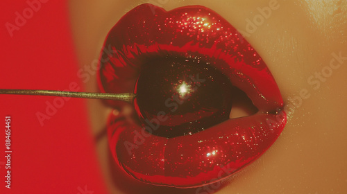Glossy Lips Biting a Cherry. A close-up, high-definition image showcasing glossy sparkling red lips biting into a cherry, Artistic close-up of glossy red lips holding a ripe metallic cherry.