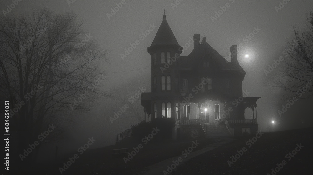 Digital illustration of a Victorian house in an eerie setting under the fog on a bright moonlit night. Scary and mysterious Victorian house. Digital illustration of a Victorian house in an eerie setting under the fog on a bright moonlit night. Scary and mysterious Victorian house.