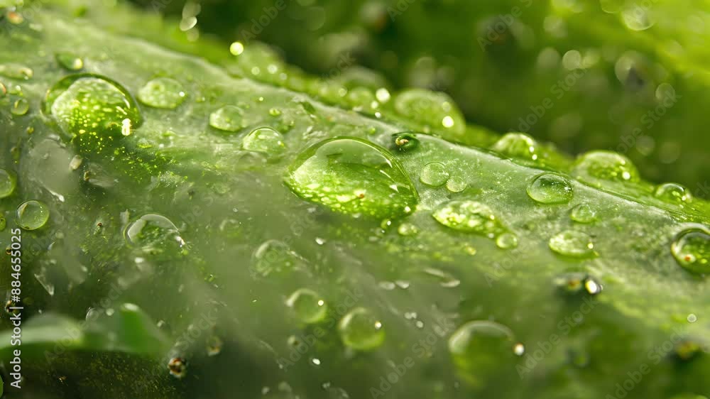 A closeup of a freshly picked cucumber with small drops of water still clinging to its smooth skin. A closeup of a freshly picked cucumber with small drops of water still clinging to its smooth skin.