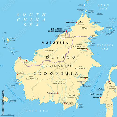 Borneo, divided among Malaysia, Brunei and Indonesia, political map. Third-largest island in the world and one of the Greater Sunda Islands, in the geographic centre of Maritime Southeast Asia. Vector