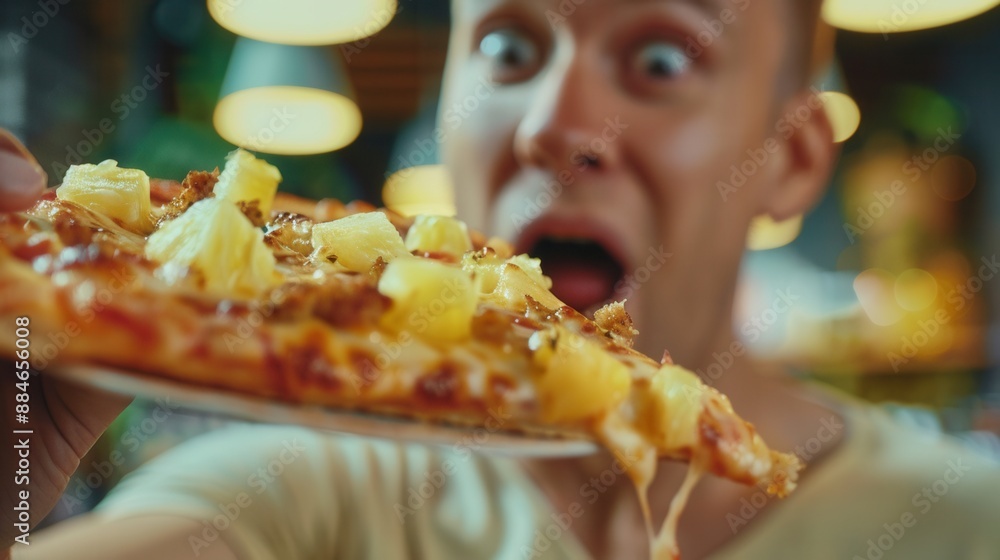 Surprised male and pineapple pizza. Funny. Surprised male and pineapple pizza. Funny.