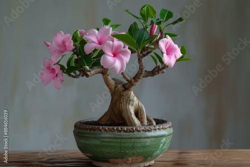 Wallpaper Mural Vibrant pink adenium bonsai with lush green leaves in a ceramic pot on wooden surface Torontodigital.ca