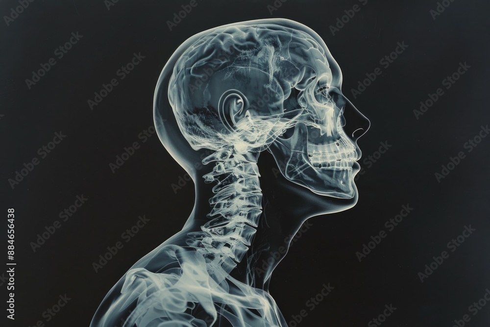 Anatomical illustration of a human head and neck in X-ray format, suitable for medical education or research purposes