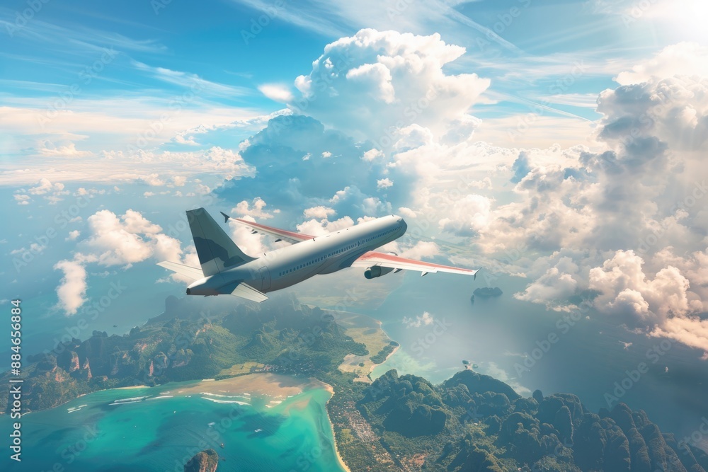 An airplane soaring above the ocean and a distant landscape An airplane soaring above the ocean and a distant landscape