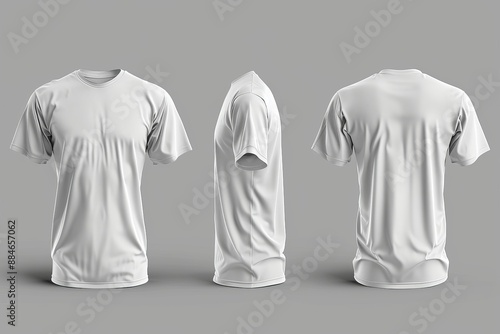 Three plain white shirts with one front view, back view and side view. Against a gray background