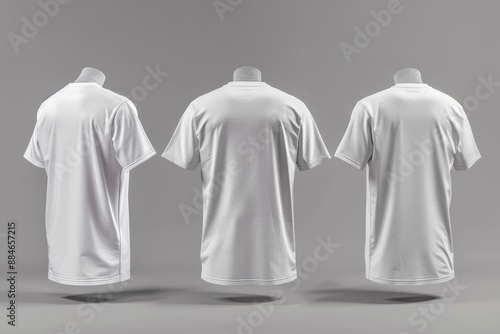 Three plain white shirts with back view. With a gray background.