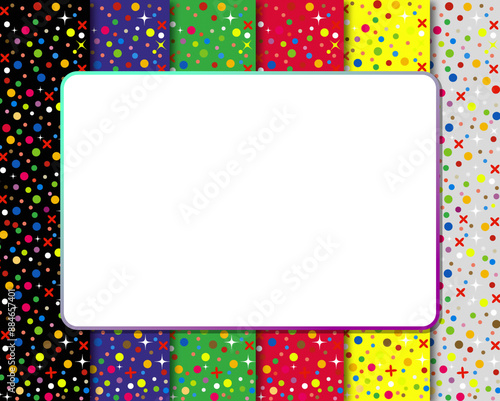 Colorful stripes with confetti and frame. Background with small cheerful pattern with shadow and empty space for text.