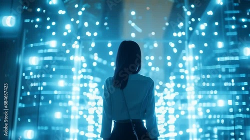 Wallpaper Mural A young woman stands captivated by a mesmerizing light display. It's night, and she gazes at the glowing lights, creating a surreal atmosphere. She wears a white top and black skirt, her back to the Torontodigital.ca