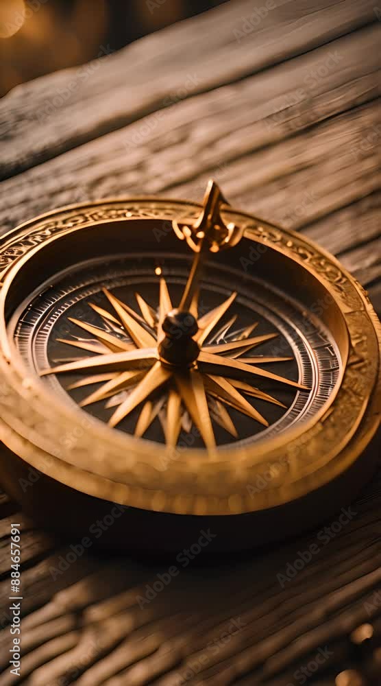 A compass made in ancient times with beautiful carvings, resting on a weathered wooden table A compass made in ancient times with beautiful carvings, resting on a weathered wooden table