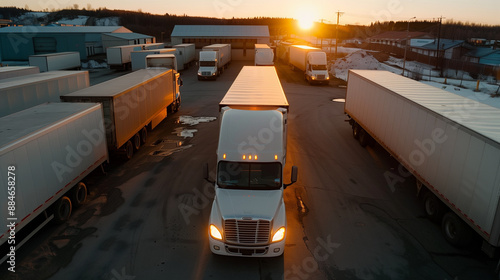 trucks with cargo trailers at a trucking company loading dock during sunset photo