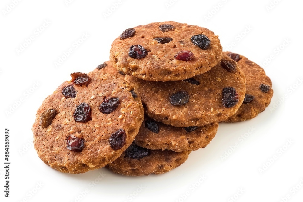 Freshly baked raisin cookies on a clean white surface, perfect for food photography or social media posts Freshly baked raisin cookies on a clean white surface, perfect for food photography or social media posts